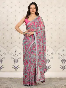 Ode by House of Pataudi Grey Floral Poly Georgette Designer Saree