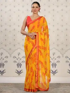 Ode by House of Pataudi Orange Floral Poly Georgette Designer Saree