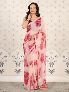 Ode by House of Pataudi Pink Floral Poly Georgette Designer Saree