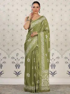 Ode by House of Pataudi Olive Green Floral Poly Chiffon Designer Saree