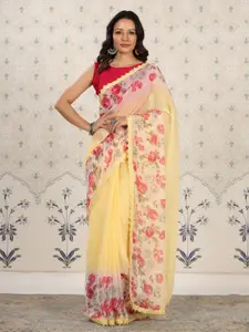 Ode by House of Pataudi Yellow Floral Poly Georgette Designer Saree