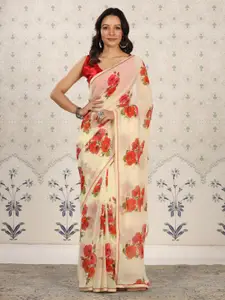 Ode by House of Pataudi Cream-Coloured Floral Poly Georgette Designer Saree