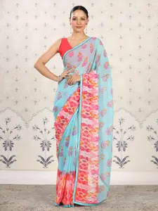 Ode by House of Pataudi Blue & Pink Floral Poly Georgette Designer Saree