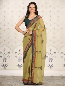 Ode by House of Pataudi Green Floral Poly Georgette Designer Saree