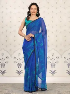 Ode by House of Pataudi Blue Floral Poly Georgette Designer Saree