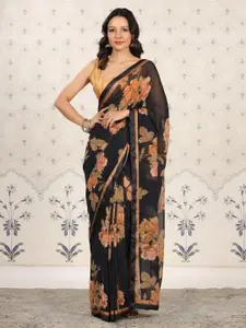 Ode by House of Pataudi Black Floral Poly Georgette Designer Saree