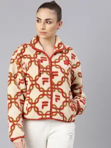 FILA Geometric Printed Mock Collar Cotton Crop Cardigan Sweater