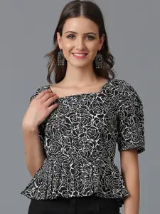Kotty Black Floral Printed Puff Sleeve Crepe Peplum Top