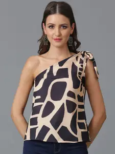 Kotty Black Abstract Printed One Shoulder Crepe Top