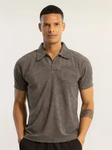 Snitch Grey Self Design Polo Collar Slim Fit T-shirt