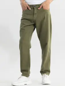Snitch Men Olive Green Wide Leg Mildly Distressed Stretchable Jeans