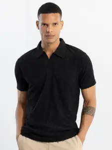 Snitch Black Self Design Polo Collar Slim Fit T-shirt
