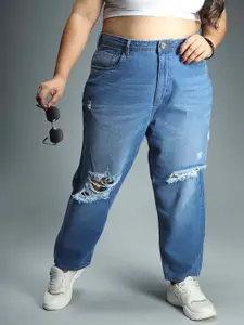 Freeform by High Star Women Plus Size Mom Fit Ripped High-Rise Pure Cotton Jeans