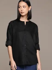 Roadster Mandarin Collar Roll-Up Sleeves Casual Shirt