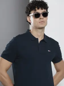 Tommy Hilfiger Men Solid Polo Collar Indigo Pure Cotton Slim Fit T-shirt