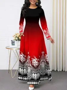 Stylecast X KPOP Red Ethnic Motifs Printed A-Line Maxi Dress