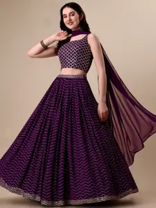 Momina Fashion Purple Embroidered Sequinned Semi-Stitched Lehenga & Unstitched Blouse With Dupatta