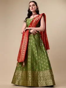 Momina Fashion Olive Green Ready to Wear Lehenga & Unstitched Blouse With Dupatta
