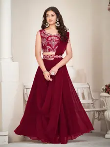 KALINI Maroon Embroidered Ready to Wear Lehenga & Unstitched Blouse With Dupatta
