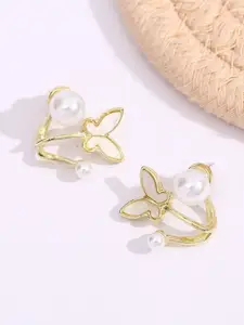 VAGHBHATT Gold-Plated Pearl Beaded Butterfly Studs Earrings