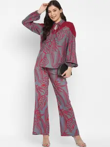 Taurus Floral Printed Tie Up Neck Top & Trouser