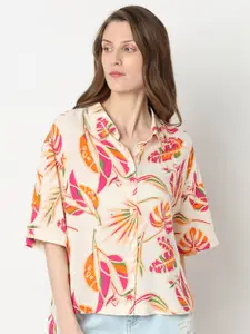 Vero Moda White Boxy Floral Printed Drop-Shoulder Sleeves High Low Casual Shirt