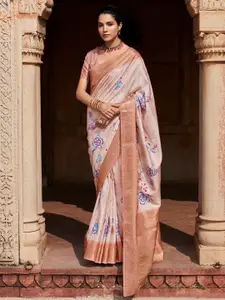 Mitera Brown Floral Zari Silk Blend Designer Banarasi Saree