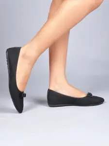 JM Looks Textured Pointed Toe Bows Ballerinas Flats