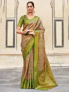 Mitera Green & Green Ethnic Motifs Silk Blend Designer Banarasi Saree