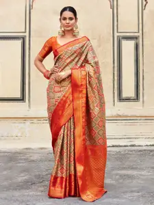 Mitera Sea Green & Red Ethnic Motifs Silk Blend Designer Banarasi Saree