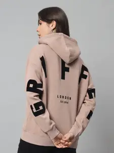 GRIFFEL Typography Printed Hooded Drop Shoulder Sleeves Fleece Oversized Sweatshirt