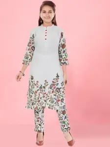 Aarika Girls Floral Printed Band Collar Cotton Kurta