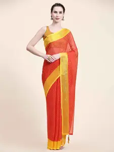 Rujave Red & Gold-Toned Leheriya Pure Chiffon Designer Leheriya Saree