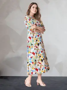 N N ENTERPRISE Geometric Printed Puff Sleeves A-Line Cotton Midi Dress
