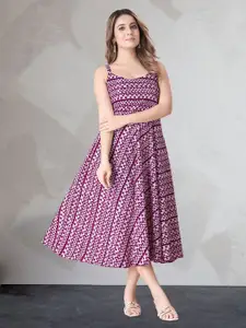 N N ENTERPRISE Geometric Printed Shoulder Straps A-Line Cotton Midi Dress