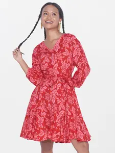 Global Desi Red Floral Print Fit & Flare Dress