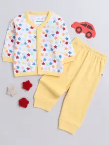BUMZEE Infant Girls White & Yellow Geometric Printed Pure Cotton Night suit