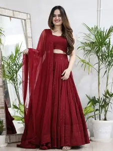 FABPIXEL Maroon Embroidered Sequinned Semi-Stitched Lehenga & Unstitched Blouse With Dupatta