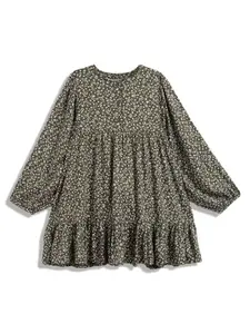 Tommy Hilfiger Girls Floral Printed Puff Sleeves Tiered Fit and Flare Dress