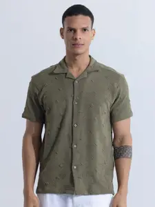 Snitch Olive Green Classic Oversized Geometric Self Design Casual Shirt