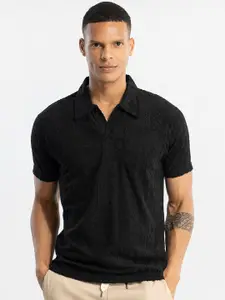 Snitch Black Geometric Self Design Polo Collar Cotton T-shirt