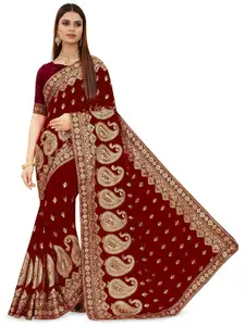 B Bella Creation Maroon Embellished Beads and Stones Pure Georgette Heavy Work Saree