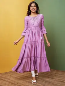 Globus Ethnic Motifs Embroidered Flared Sleeves Round Neck A-Line Kurta