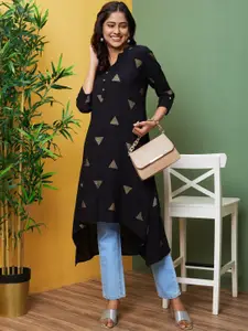 Globus Black Geometric Printed Mandarin Collar High-Low A-Line Kurta
