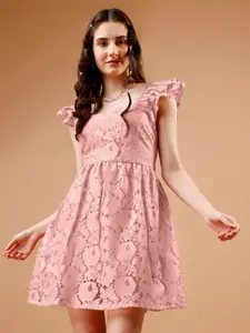 WESTHOOD Floral Self Design Square Neck Lace Fit & Flare Mini Dress