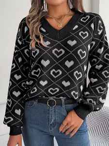 StyleCast Black & White Conversational Printed V-Neck Pullover Sweater