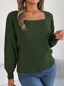 StyleCast Green Geometric Self Design Square Neck Pullover Sweater