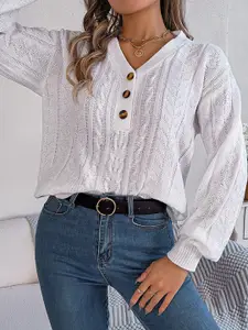 StyleCast White Self Design V-Neck Pullover Sweater