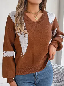 StyleCast Brown & Off White Abstract Printed V-Neck Pullover Sweater