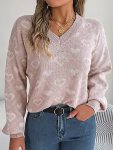 StyleCast Pink & White Conversational Printed V-Neck Pullover Sweater